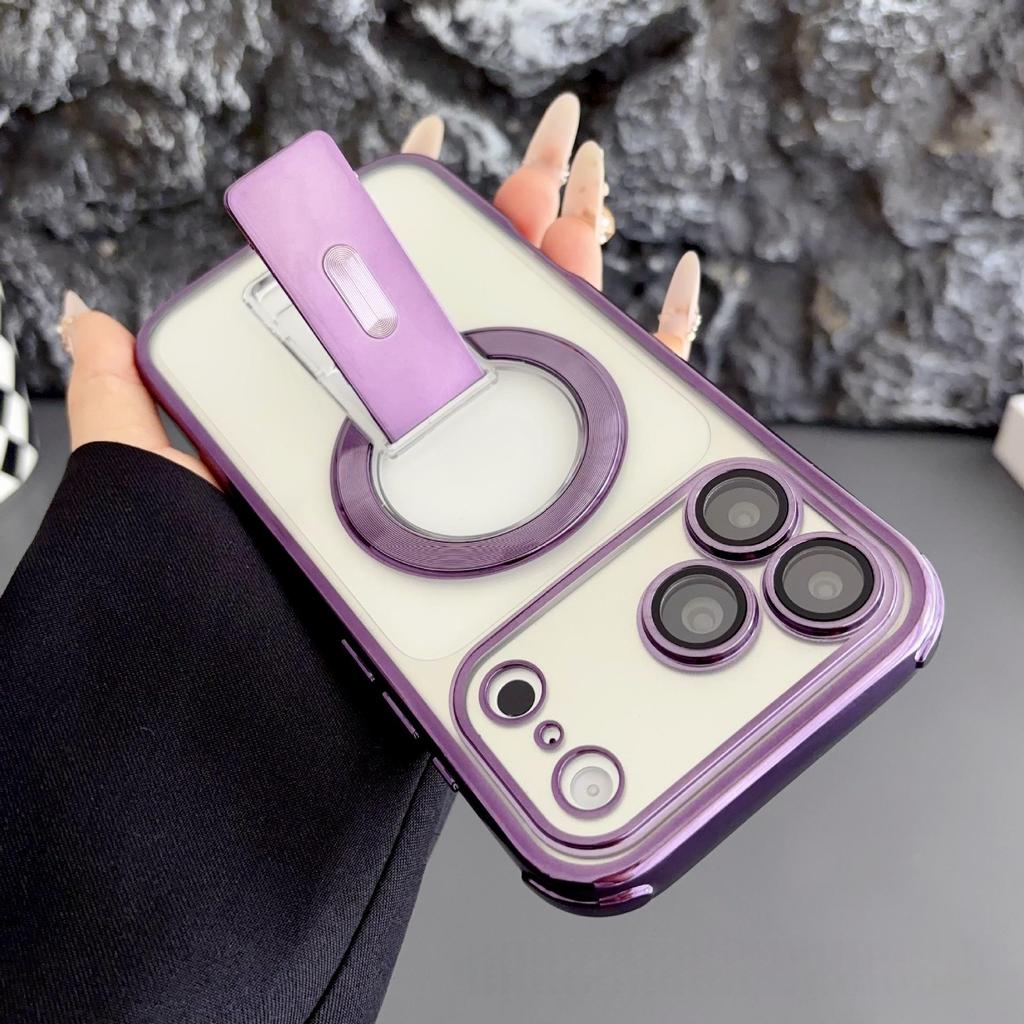 Invisible Magnetic Bracket Phone Case with Drop Protection for Apple iPhone 17 Pro Max - Electroplated Design