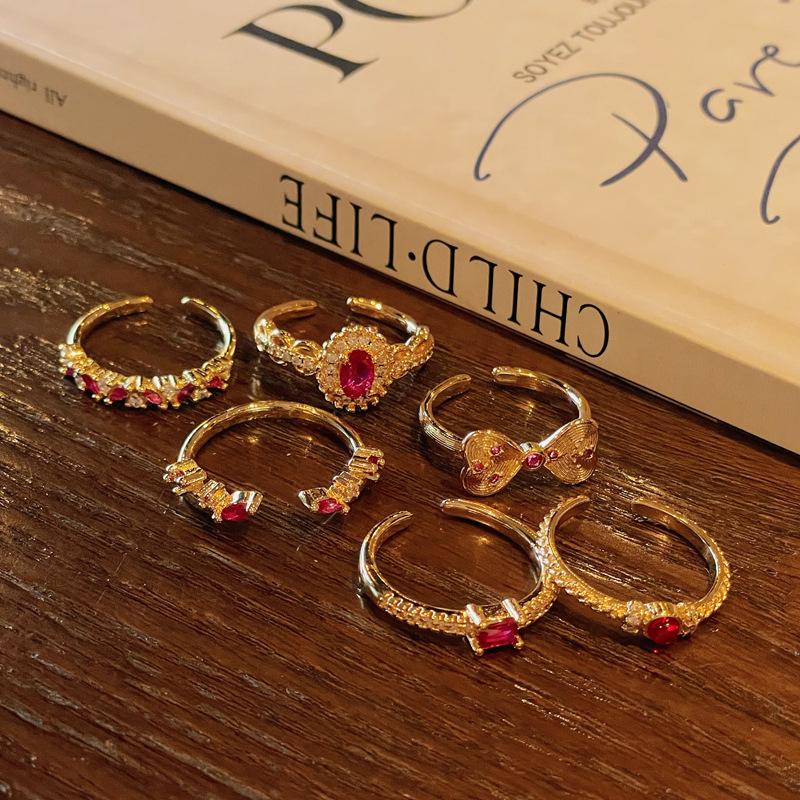Medieval Retro Fashion Gold Open Ring Niche Red Zircon Personality Light Luxury High-End Accessories Women
