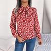 Women's Autumn Winter Temperament Contrast Color Lace Up Lantern Sleeves Chiffon Top Blouses
