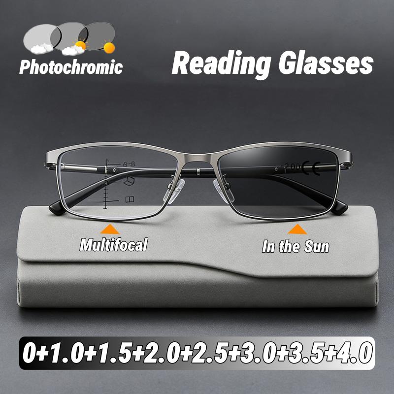 Gleitsichtbrille mit phototroper Optik, elegante Businessbrille mit quadratischem Metallrahmen und Blaulichtfilter