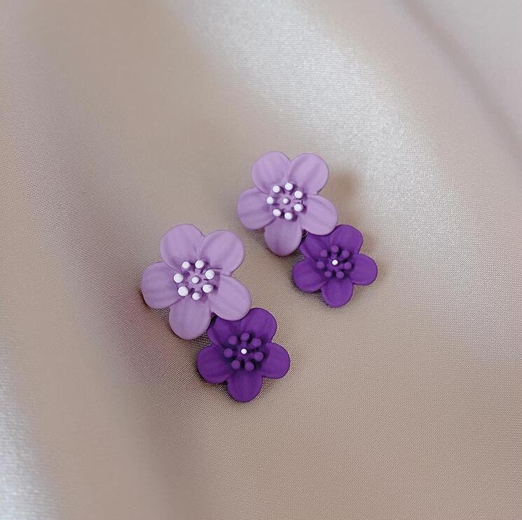 Double Flower Earrings Trendy Pink Flowers Studs Earrings For Women Wedding Party Jewelry Boho Metal Earrings Female