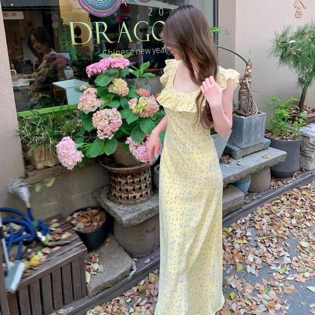 French Retro Floral Dress Medium and Long Temperament Holiday Square Neck Ruffle Edge Skirt Children's Summer New Long Dress