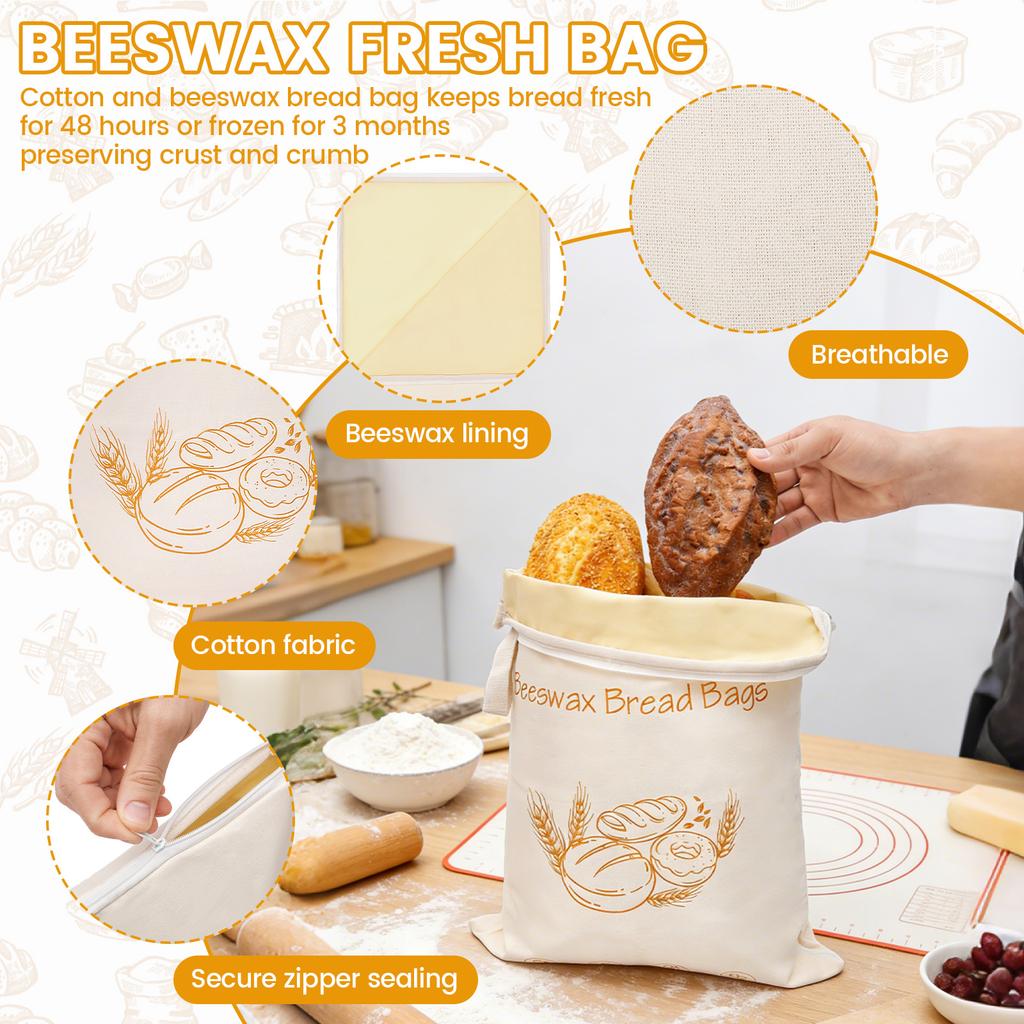 2Pcs Beeswax Bread Bag with L Shaped Zipper Large Capacity Food Storage Bag Cotton Fabric Reusable Kitchen Organizer