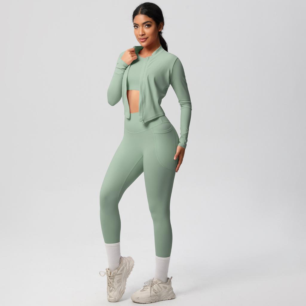 High Waisted, Hip Lifting, Tight Fitting, Quick Drying Yoga Suit Set, Cloud Inspired Running And Fitness Sportswear Three Piece Set For Women
