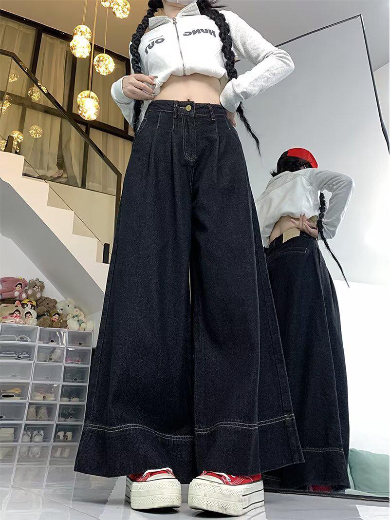 

Women s Plus Size Retro Black Jeans - Spring/Autumn 2025, Loose Slimming High Waist Straight Wide Leg 2XL