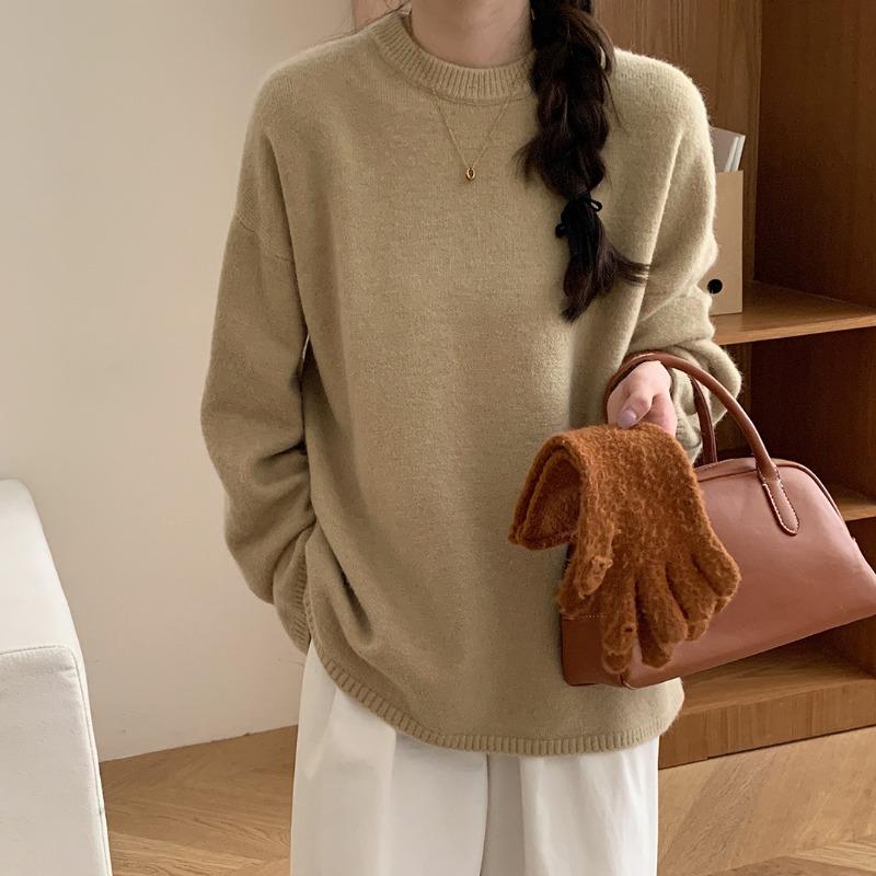 Crew Neck Large Size Pullover Sweater Autumn and Winter New Outer Size Lazy Wind Bottomed Knitted Sweater Women