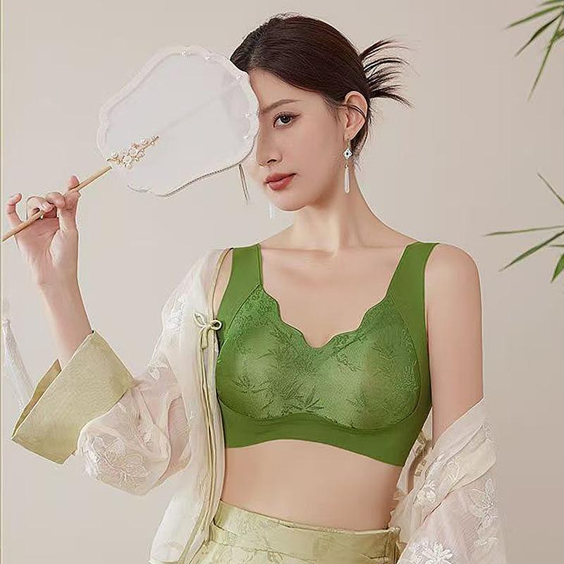 New national style relief jacquard wide shoulder seamless underwear women gather without steel ring thin soft support anti-sagging beautiful back bra