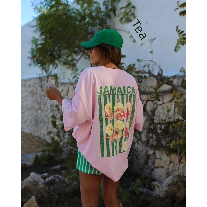 

American Retro Vintage Summer Lemon Shrimp Print Fashion Style Women s Clothing Sexy Loose Pink Short Sleeve T-shirt Women Pink S