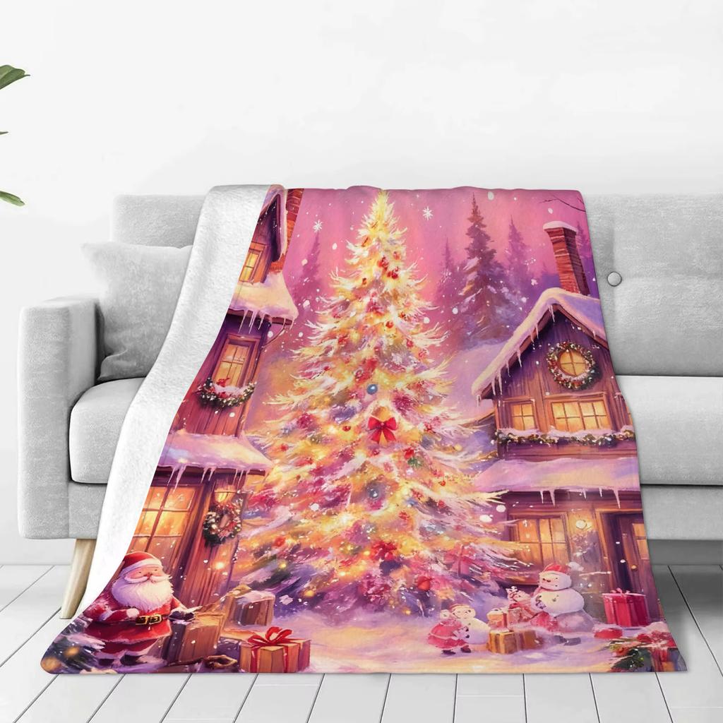 1pc Pink Blanket Marry Christmas Tree 3D Print Smooth Flannel Blanket for Home Living Room Bedroom Decor New Year Christmas Gift