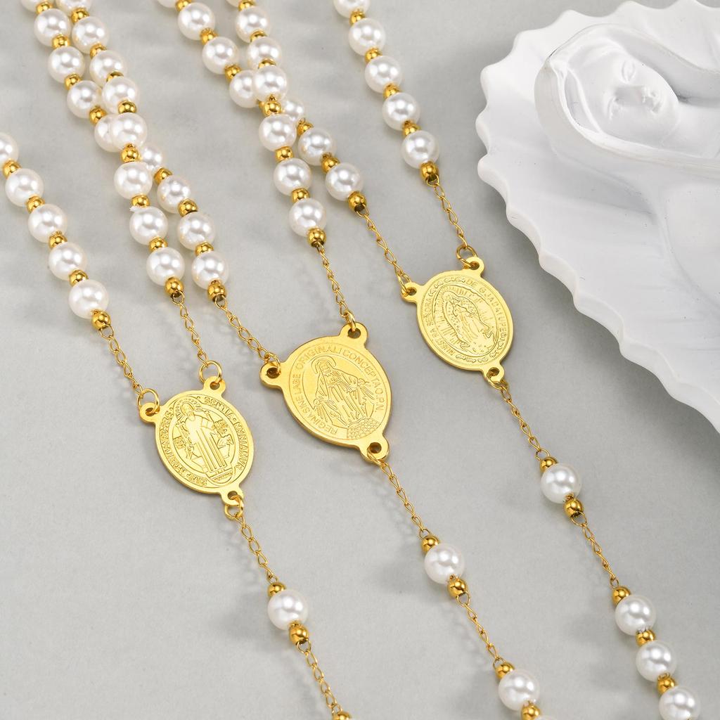 Holy Cross Rosary Virgin Necklaces Y-shaped, Women's Imitation Pearl Beaded Saint Benedict Necklace,Stainless Steel Jewelry Gift