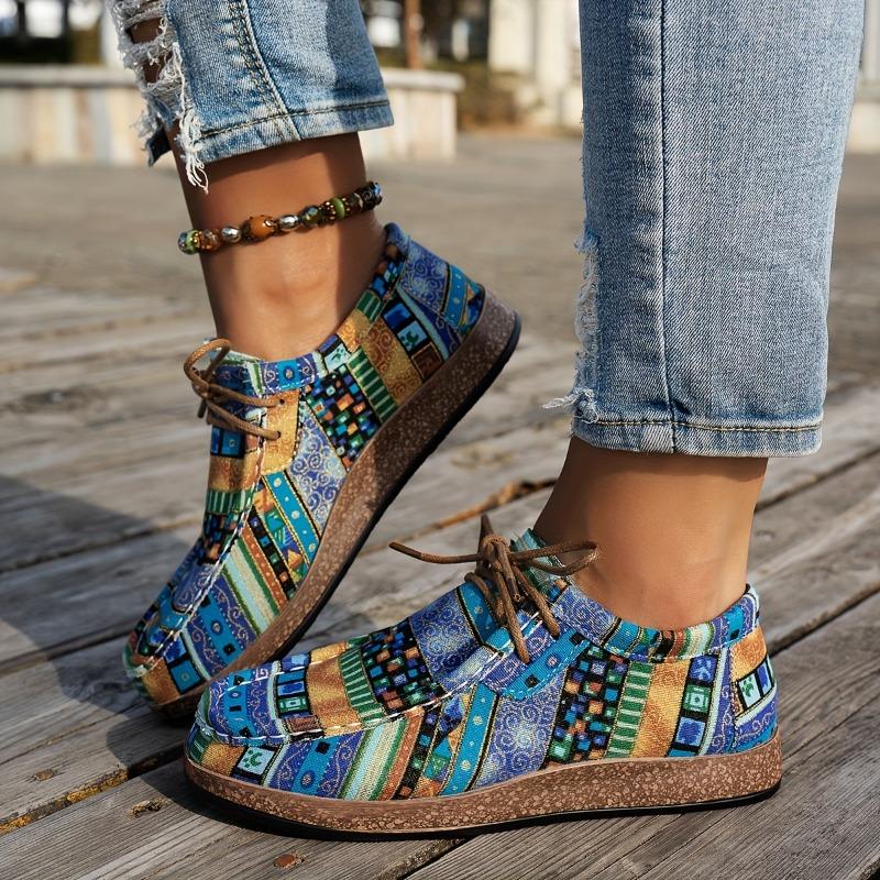 Large Size Ethnic Style Casual Single Shoes Women's Colorful Lace Up Graffiti Low Canvas Shoes Wooden Thick Bottom