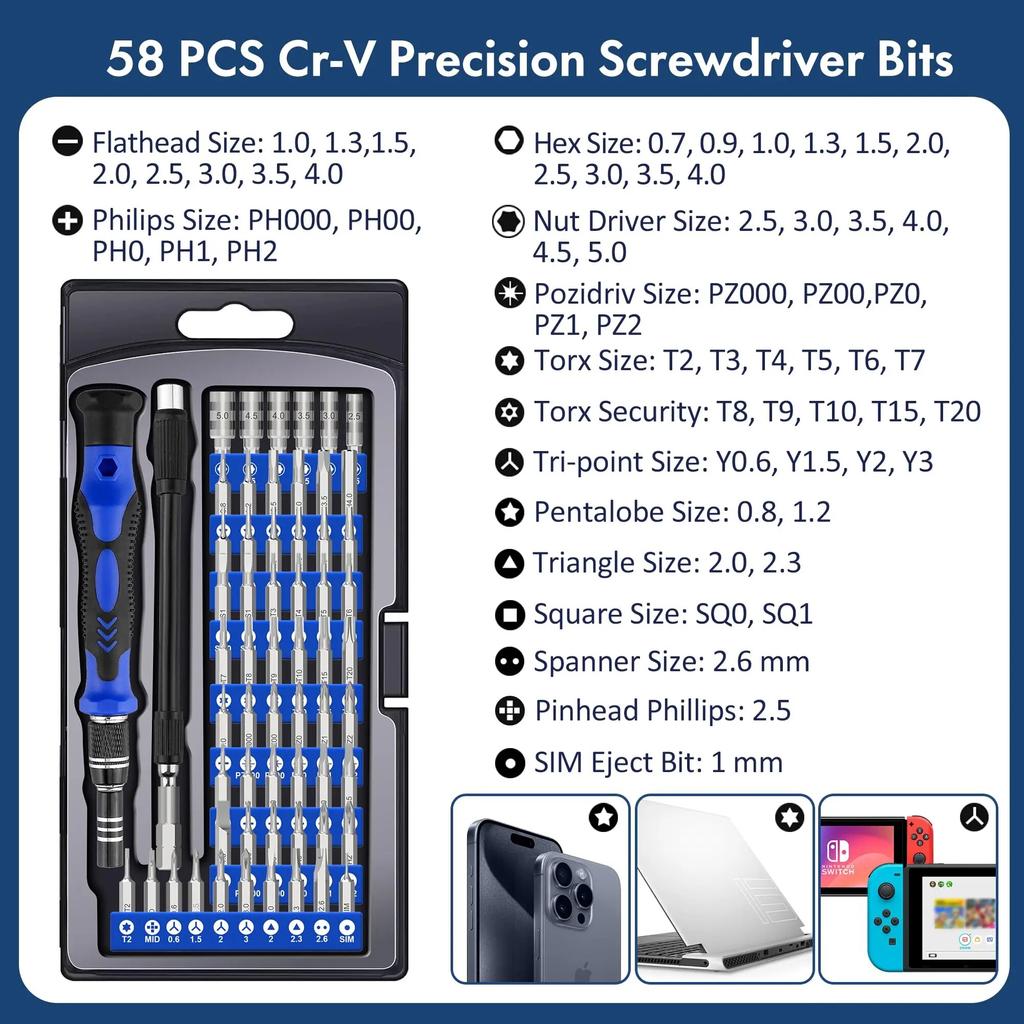 62 in 1 Precision Screwdriver Set Magnetic Driver Kit with Flexible Shaft Torx Phillips Screw Driver Bits for Phone Watch Laptop