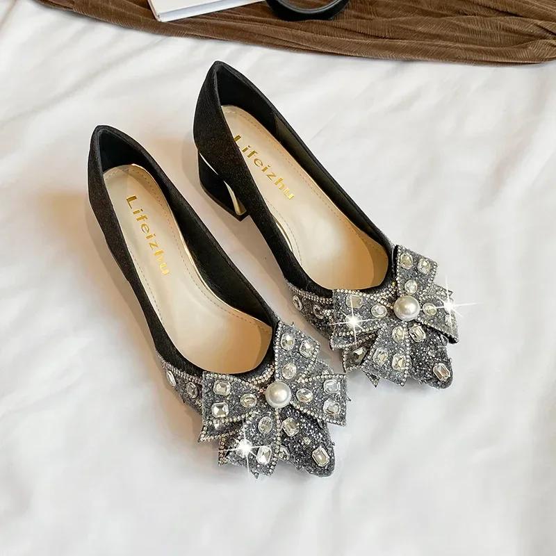 French Style Women Shoes Fashion Luxury Pumps Pointed Toe Rhinestone Bowknot High Heels Shoes Girl Dress Shoes
