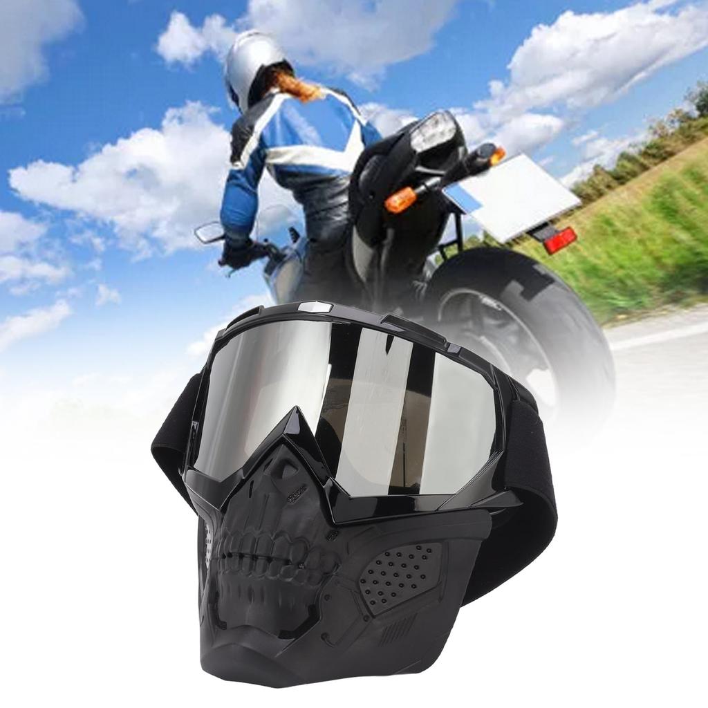 Skull Goggles Mask PC Sponge Detachable Adjustable Motorcycle Protective Mask For Off Road Riding Hiking Black Frame Silver Goggles Lens