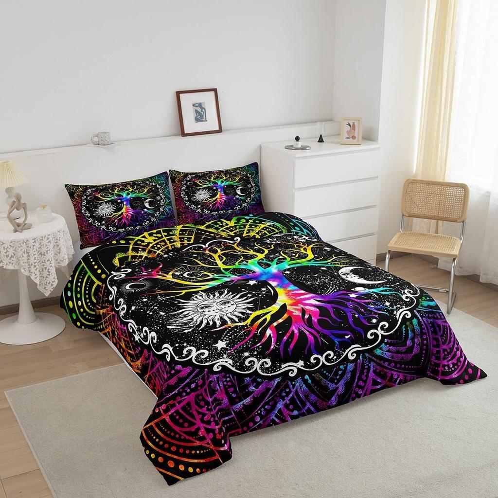 Erosebridal Sun and Moon Comforter Set Queen,Black and White Bedding Set for Kids Boys Girls,Psychedelic Tree of Life Down Comforter,Galaxy