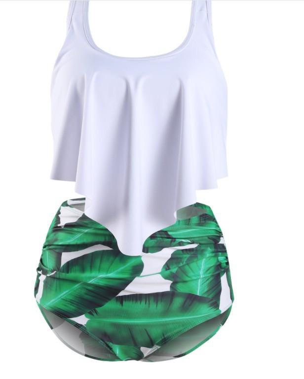 2020 European & American Ruffled High-Waisted Tummy Control Bikini Swimsuit