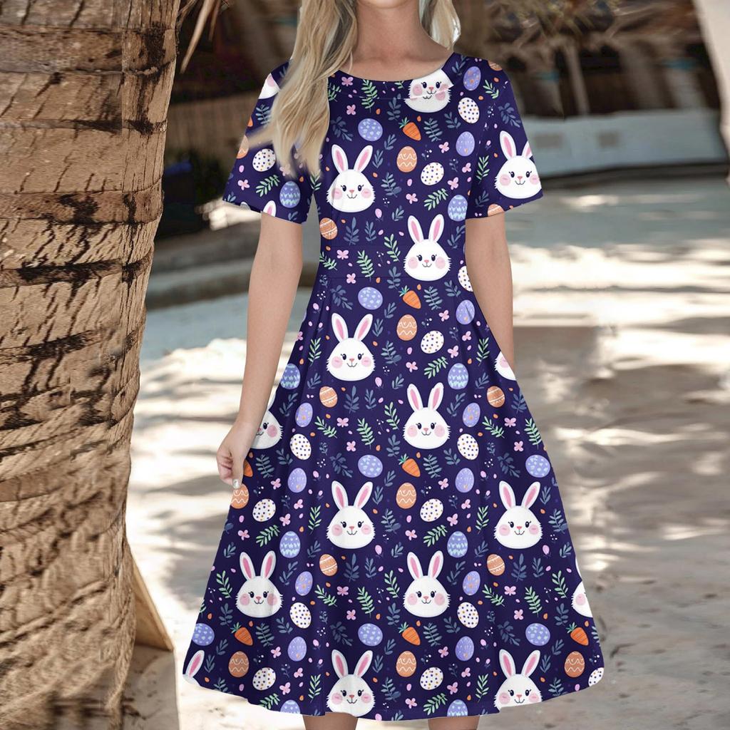 Women's Casual Fashion  Dress Easter Printed Round Short Sleeve Waisted Mid-Length Swing Dress (with Zipper)