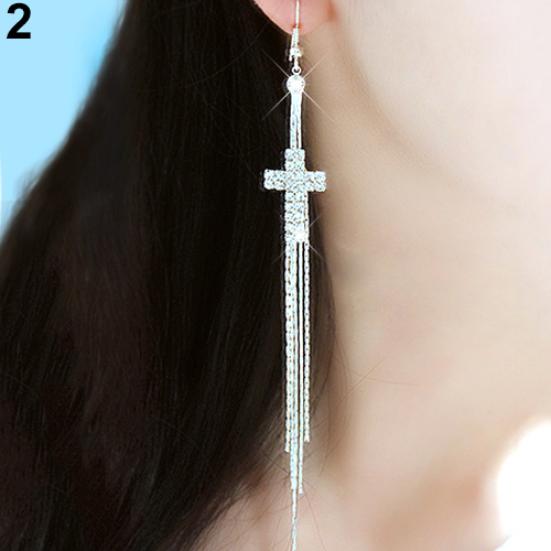 Women Rhinestone Bell Cross Pendant Wedding Party Long Tassels Linear Earrings