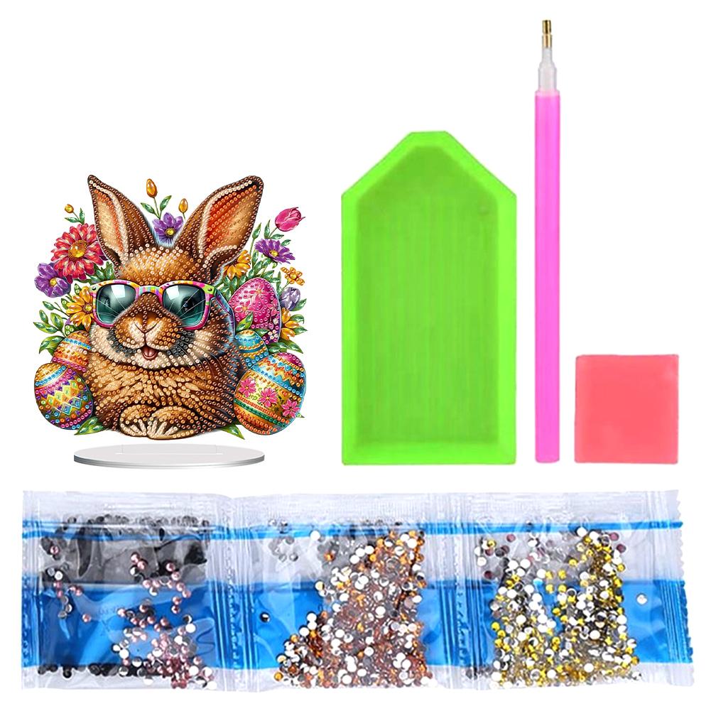 2D Flat Easter Rabbit DIY Diamond Painting Desktop Ornaments Kit Special Shape Single-Sided Drill for Home Office Desktop Decor