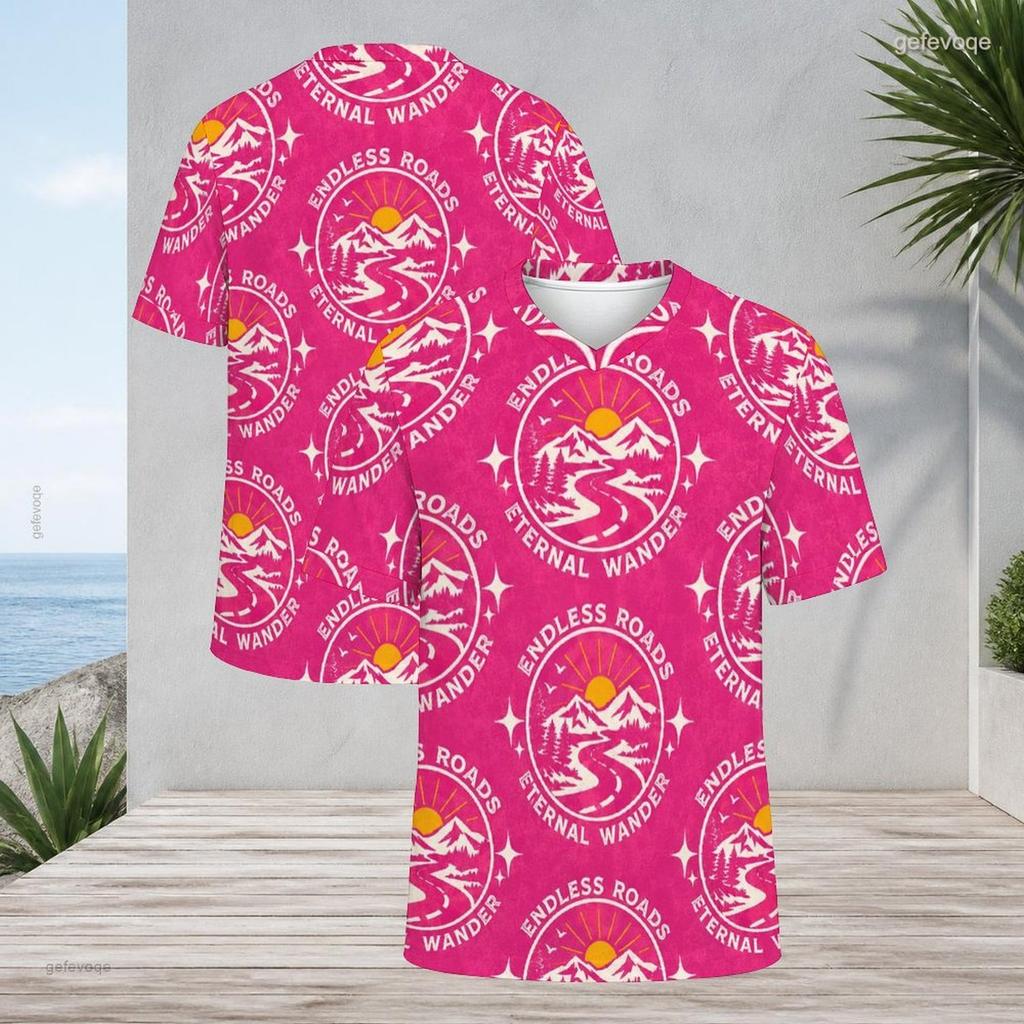 Men Plus Size V Neck Short Sleeve T Shirt Retro Mountain Print Brown Casual Pullover