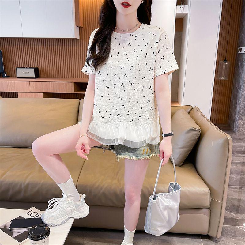 

Korean Retro Polka Dot Short Sleeve T-shirt for Women - Summer 2026 Plus Size with Lace Hem M абрикосовий