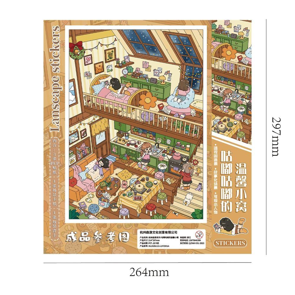 New Warm Little Nest Series Miniature Landscape Sticker PET Large Size Cabin Scene Sticker Stress Relief DIY Toy Game Stickers
