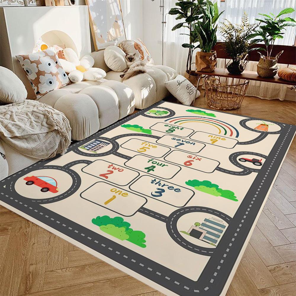 Kids Playroom Rug Gray Road & Hopscotch Design, Non-Slip Carpet Bedroom Living Room Bathroom Dormitories Floor Mat