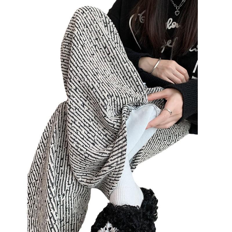 Women's Striped Wide-Leg Wool Pants, Spring/Autumn 2025: Loose, Casual, Drapey Twill with Silver Thread Detailing.