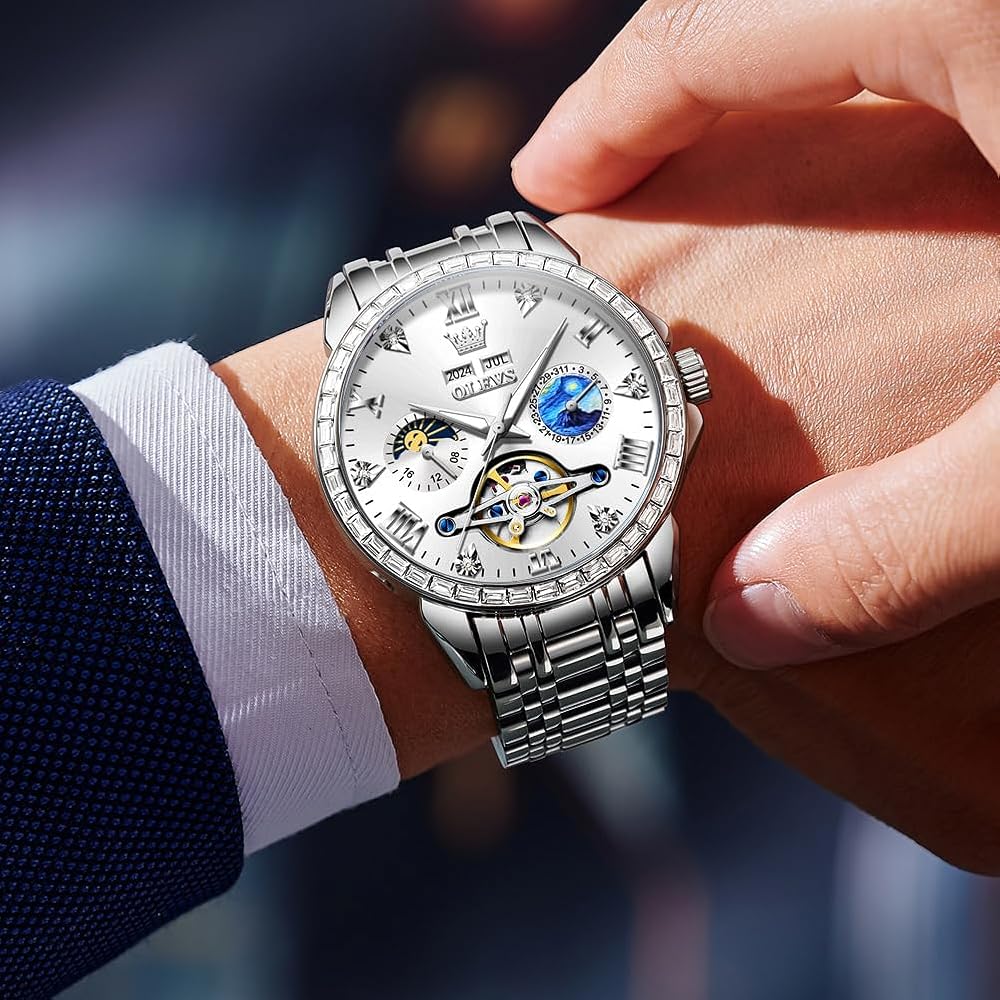 OLEVS Men's Automatic Skeleton Watch Diamond Calendar Waterproof Stainless Steel White