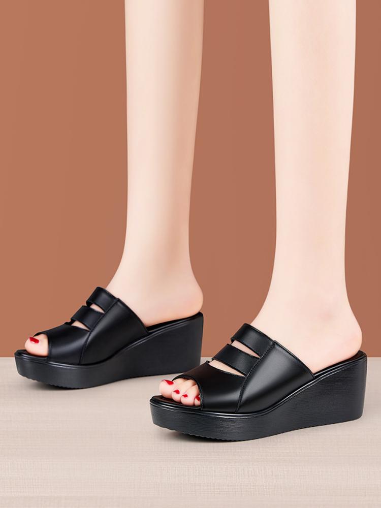 6cm All Match Comfortable Thick Bottom Flat Platform Shoes Soft Leather Slippers 2025 Med Heels Wedges Slides for Office Mom