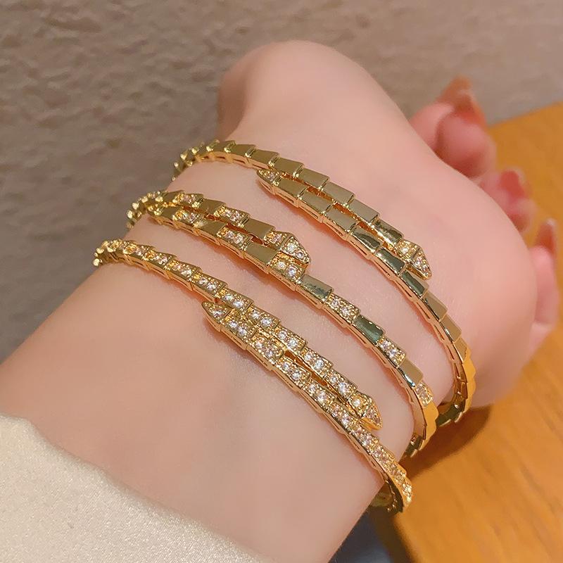 Three-circle snake-shaped micro-inlaid zircon bracelet set 18K gold electroplated copper micro-inlaid zircon snake shape bracelet women s set