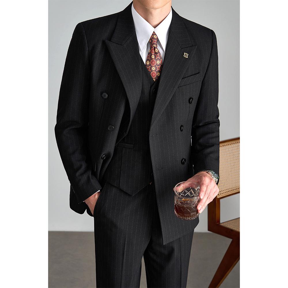 Men's Old Money Double-Breasted Striped Suit Set - Business Casual, High-End Professional Attire for Formal or Wedding Events
