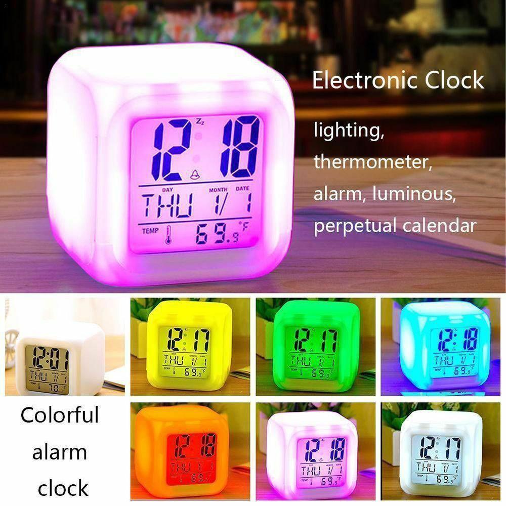 Colorful Night Light Alarm Clock with Temperature Display 7 Color Changing LED