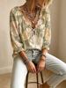Women V-neck Drawstring Ruffle Puff Sleeve Printed Shirt, for Travel, Daily Casual Outfit