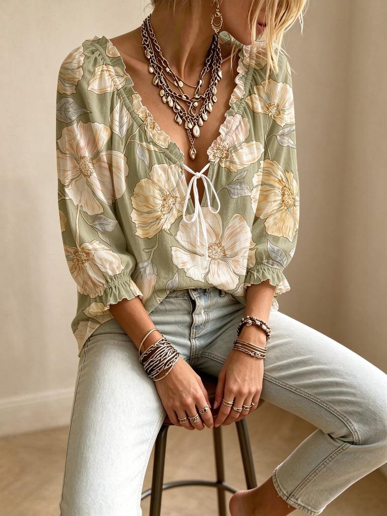 Women V-neck Drawstring Ruffle Puff Sleeve Printed Shirt, for Travel, Daily Casual Outfit