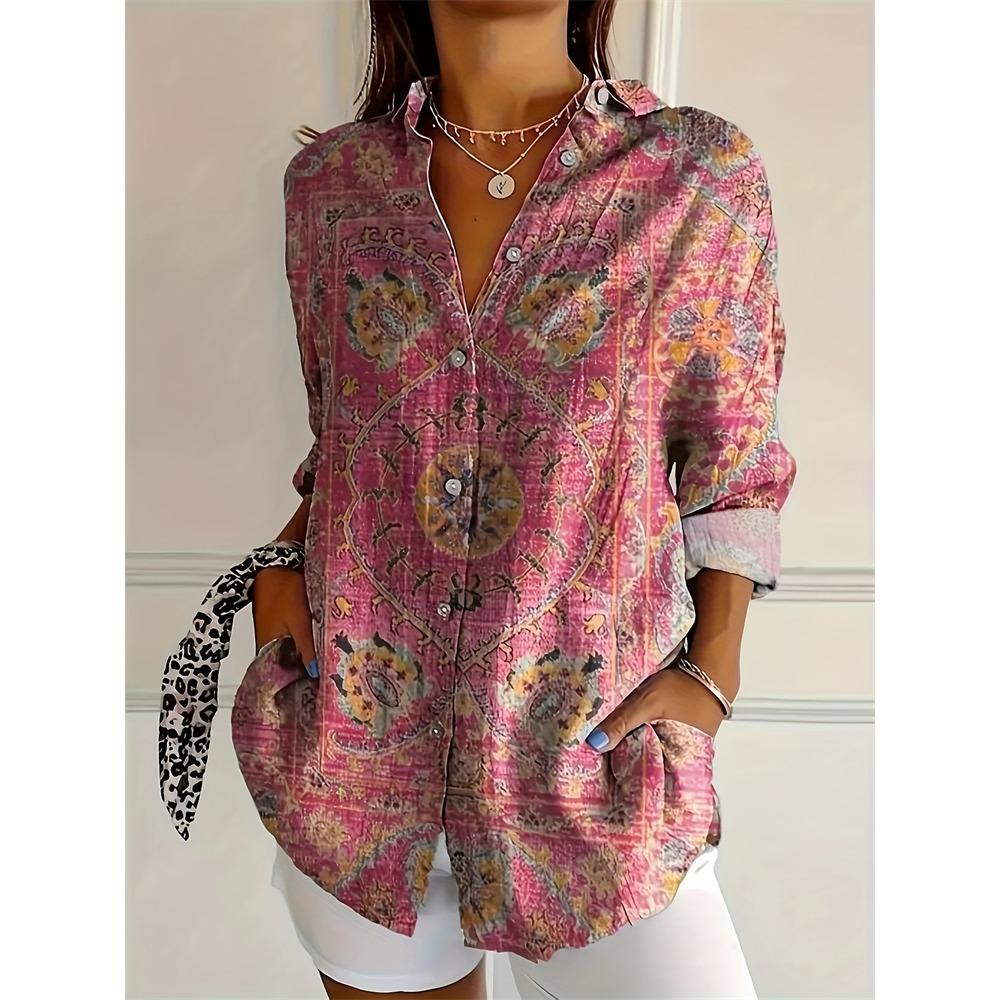 Camisa de mujer ajustada con botones, estilo casual, con estampado de flores de anacardo, ideal para uso diario. Camisa de solapa de talla grande.
