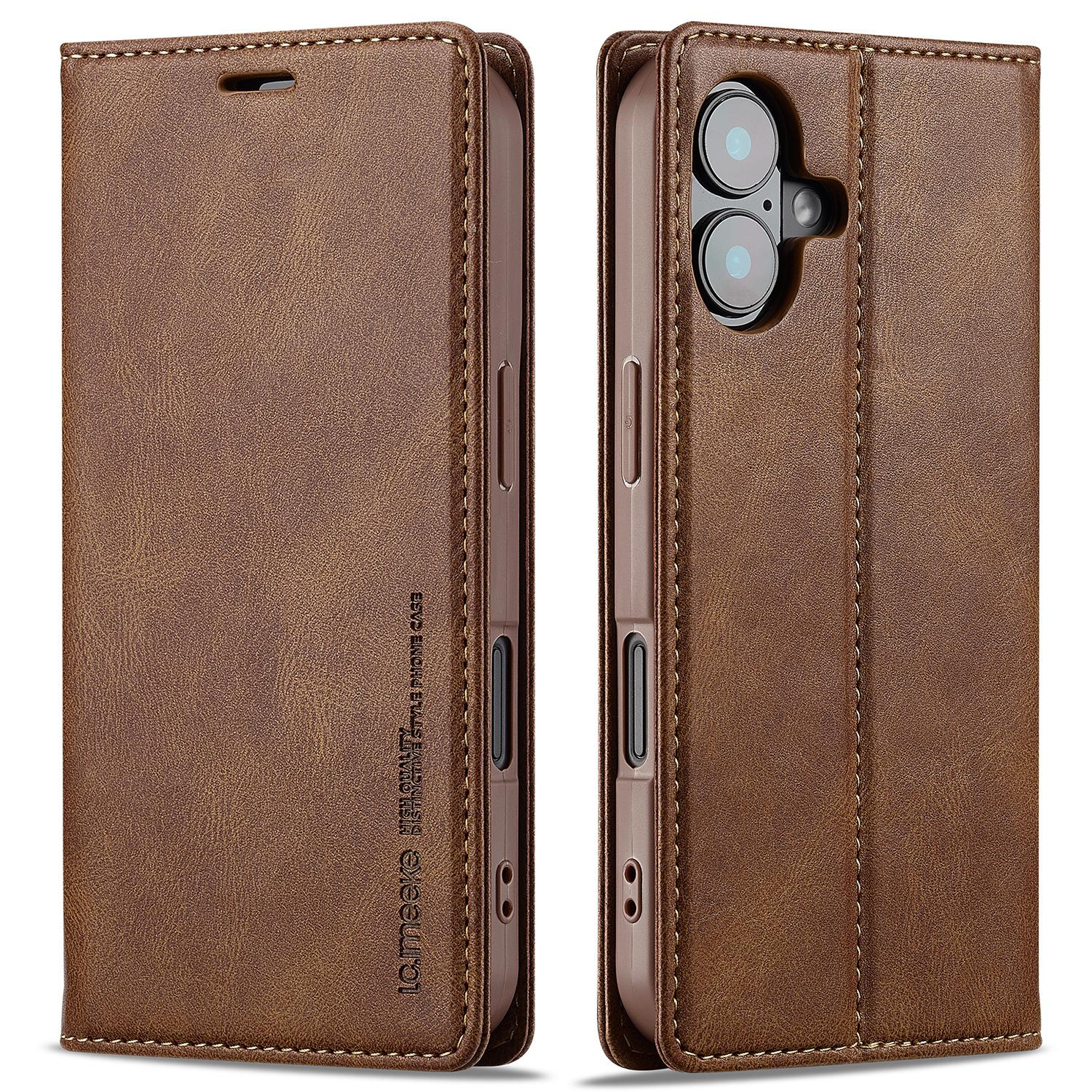 

LC.IMEEKE For iPhone 16 Leather Case RFID Blocking Card Slots Phone Cover Brown