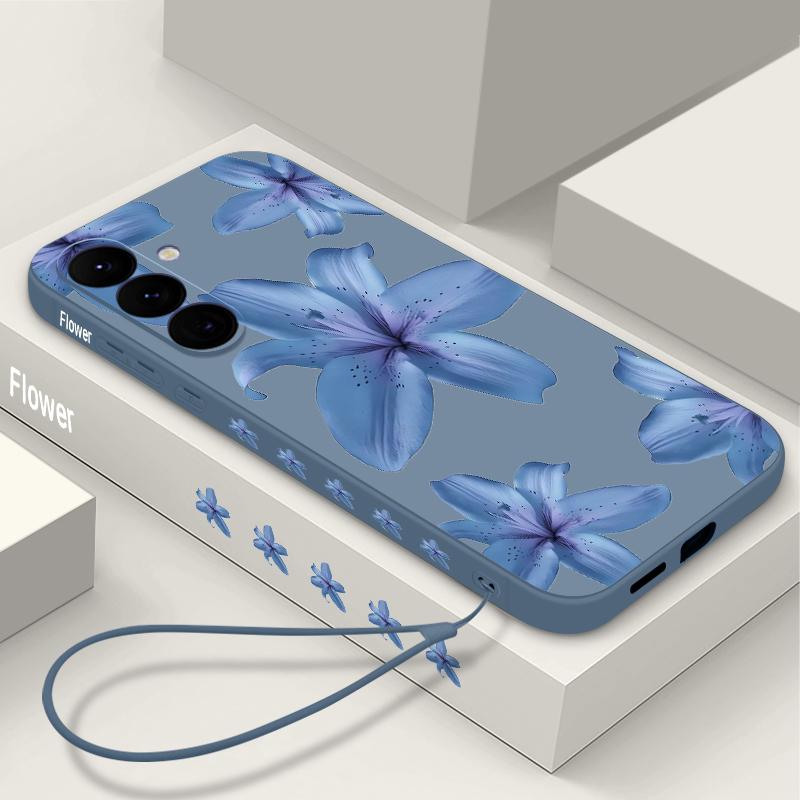 Blue Lily Printed Phone Case For Samsung Galaxy A17 A56 A16 A55 A15 A25 A36 A26 5G S25 Edge S23 S24 Ultra S24 S25 FE TPU Lanyard Cover