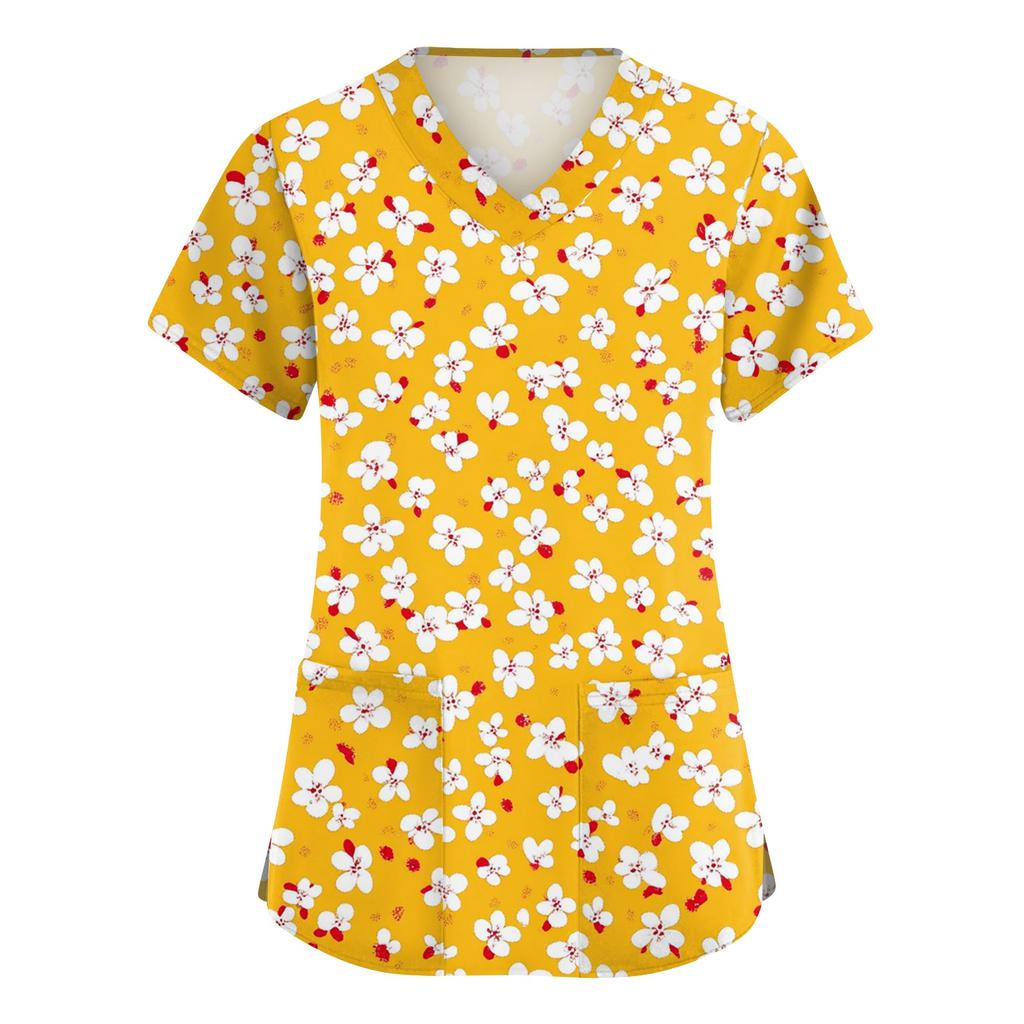 Women's Fashionable V-neck Workwear Printed Short Sleeved Pocket Side Slit Workwear Basic Pullover Top