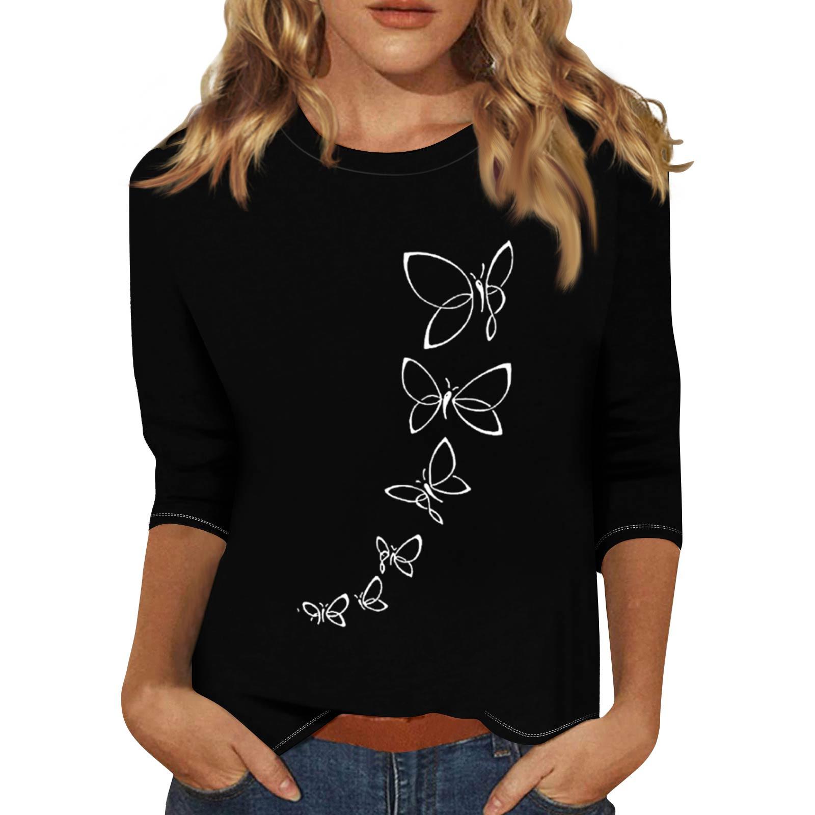 

Женская модная и повседневная футболка с круглым вырезом и рукавом семь четвертей M чёрный