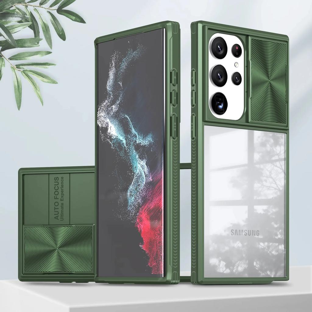 Luxury Sliding Window Armor Phone Case For Samsung Galaxy S24 S23 S22 Plus Ultra Push Camera Protection Shockproof Hard Cover