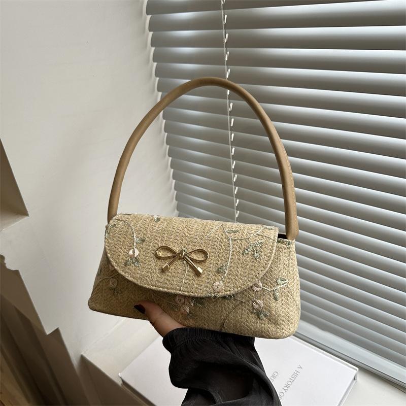Fashion Versatile Straw Woven Bag Women'S Autumn High-Value Bow Thorn Shoulder Embroidered Armpit Bag
