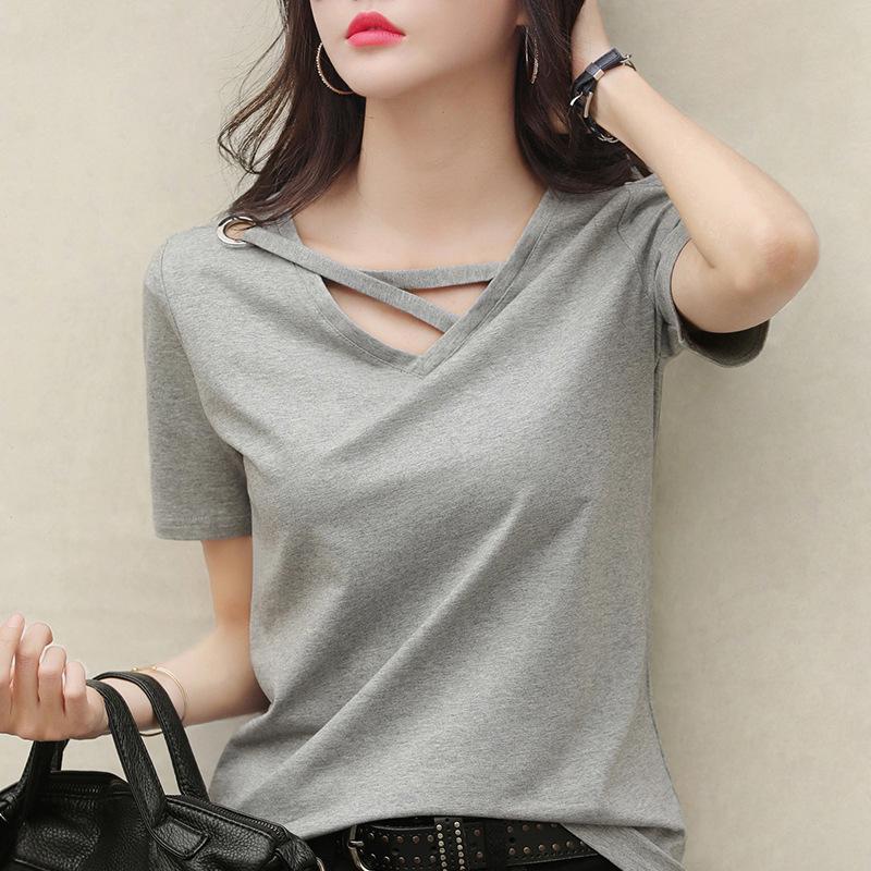 2025 Women's Short-Sleeve V-Neck Loose-Fit T-Shirt, Summer Casual, Available in White and Black, Korean Style Trend.