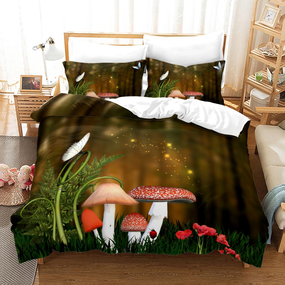 Magic Colorful Mushroom Bedding Set 3D Cartoon Mushroom Bed Linen Single Queen King Full Size Kids Girls Duvet Cover Room Decor