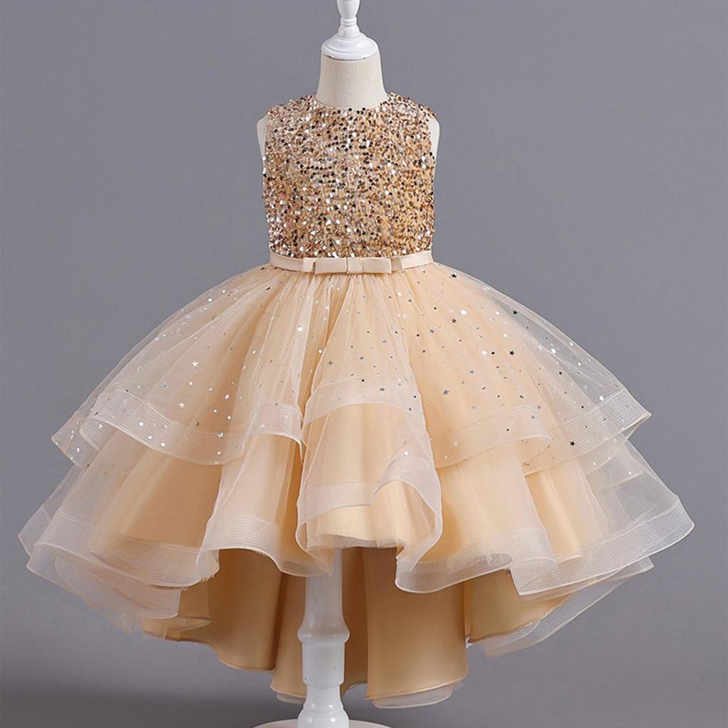 

Children s Dress Princess Dress with Bow Solid Color Sequin Performance Cake Dress 110
