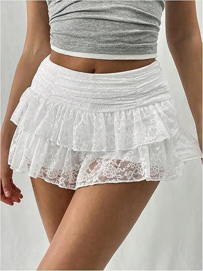Women s Ruffle Lace Mini Skirt | Lace Mini Skirt, with Shorts, Leopard, Ruffle, Skirt Skort M