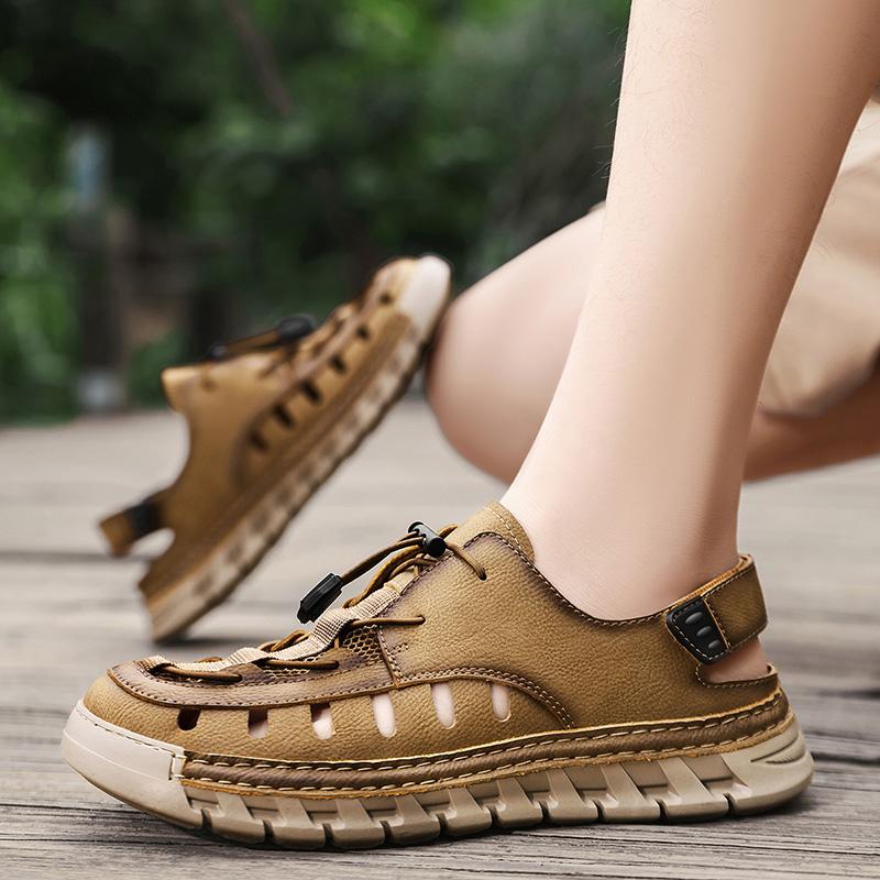 Men Sandals New Elastic Band Leather Hollow Breathable Comfortable Lightweight Summer Outdoor Beach Walking Sandals for Teen