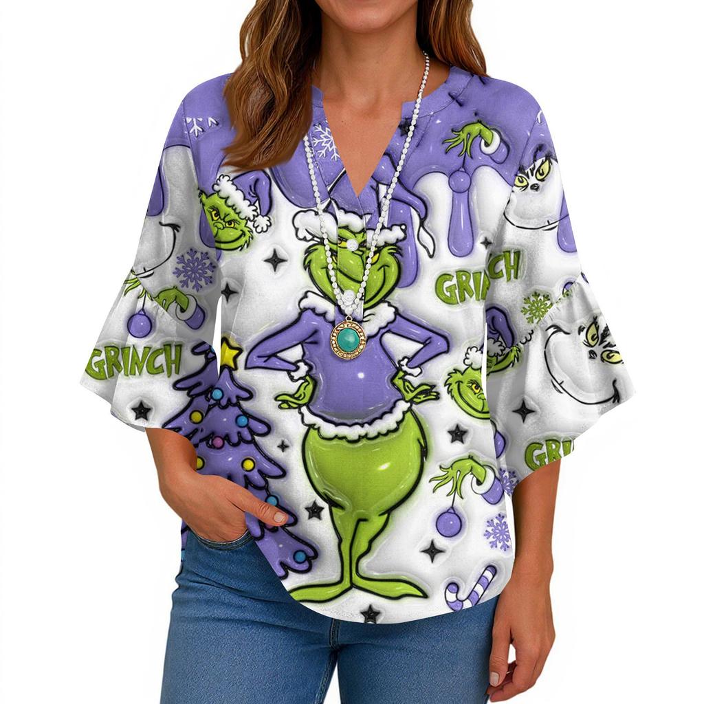 3/4 Sleeve Shirts For Women Cute Print Graphic Tees Blouses Casual Plus Size Basic Ruffled Sleeve Tops Pullover