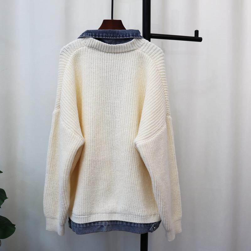 Autumn and Winter New Fake Two-piece Denim Splicing Knitted Cardigan Loose Casual Lazy Wind Sweater Jacket Women