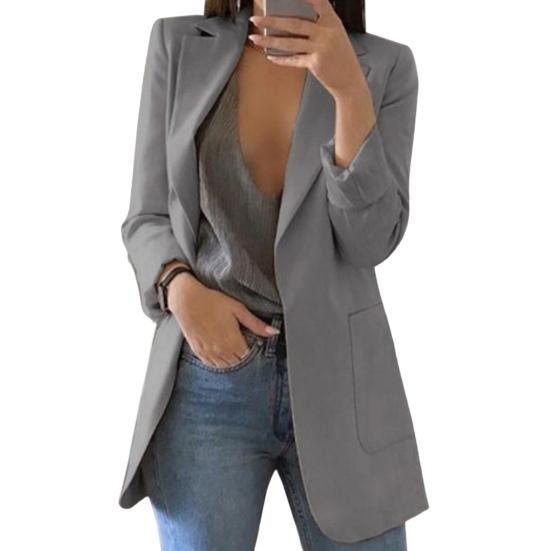 

Long Sleeve Big Pockets Mid-Length Suit Jacket Office Work Lapel Open Stitch Cardigan Blazer Outerwear 2XL сірий